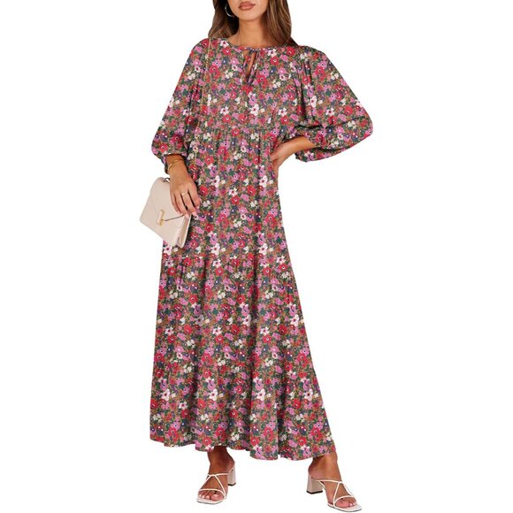Boho Maxi Dress Women's Rayon V-Neck Puff Sleeve Floral Casual Summer